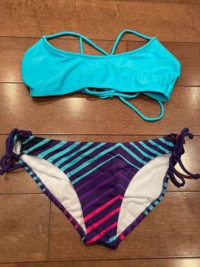 Billabong Purple Striped Tie-Side Bikini Bottoms with NOBO turquoise top
